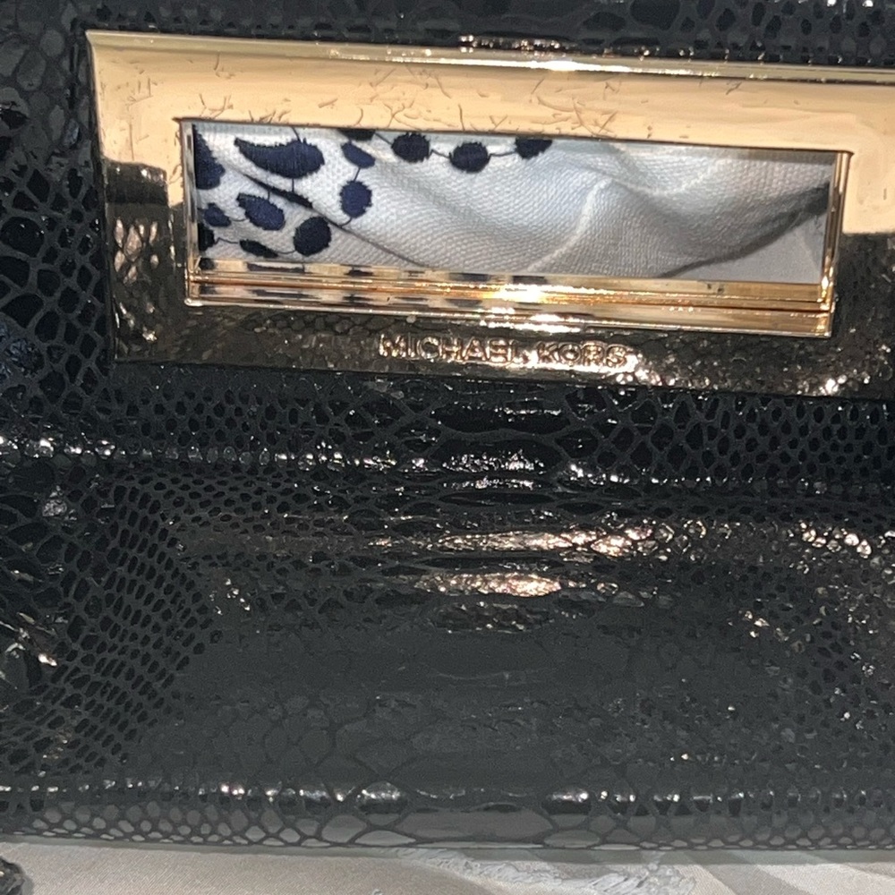 Michael Kors Black Snakeskin Embossed Clutch & Matching Wallet Gold Hardware Set - Picture 5 of 10